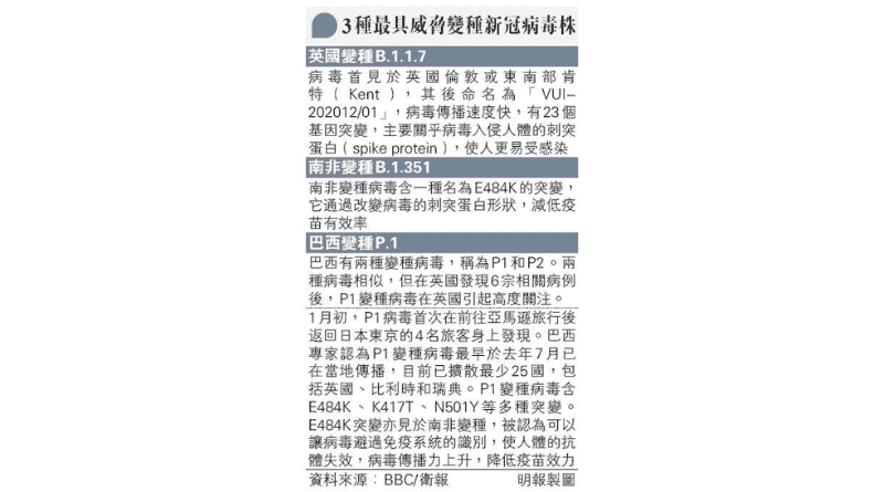 【新冠肺炎】全球疫情回升 3種最具威脅變種新冠病毒株 巴西P1變種病毒傳播力較其他高兩倍